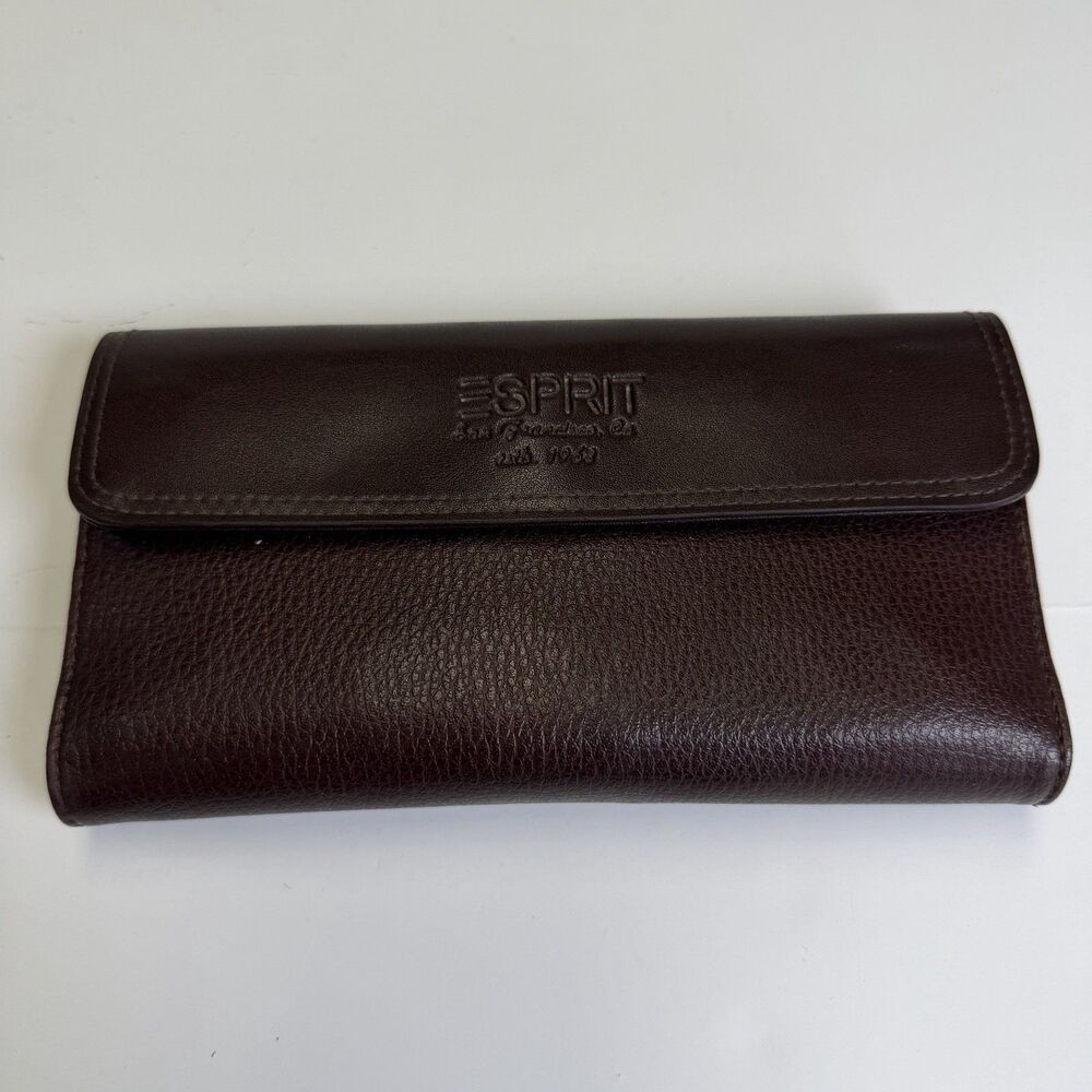 ESPRIT Vintage Pebbled Brown Faux Leather Folding Long Wallet with Logo Snap